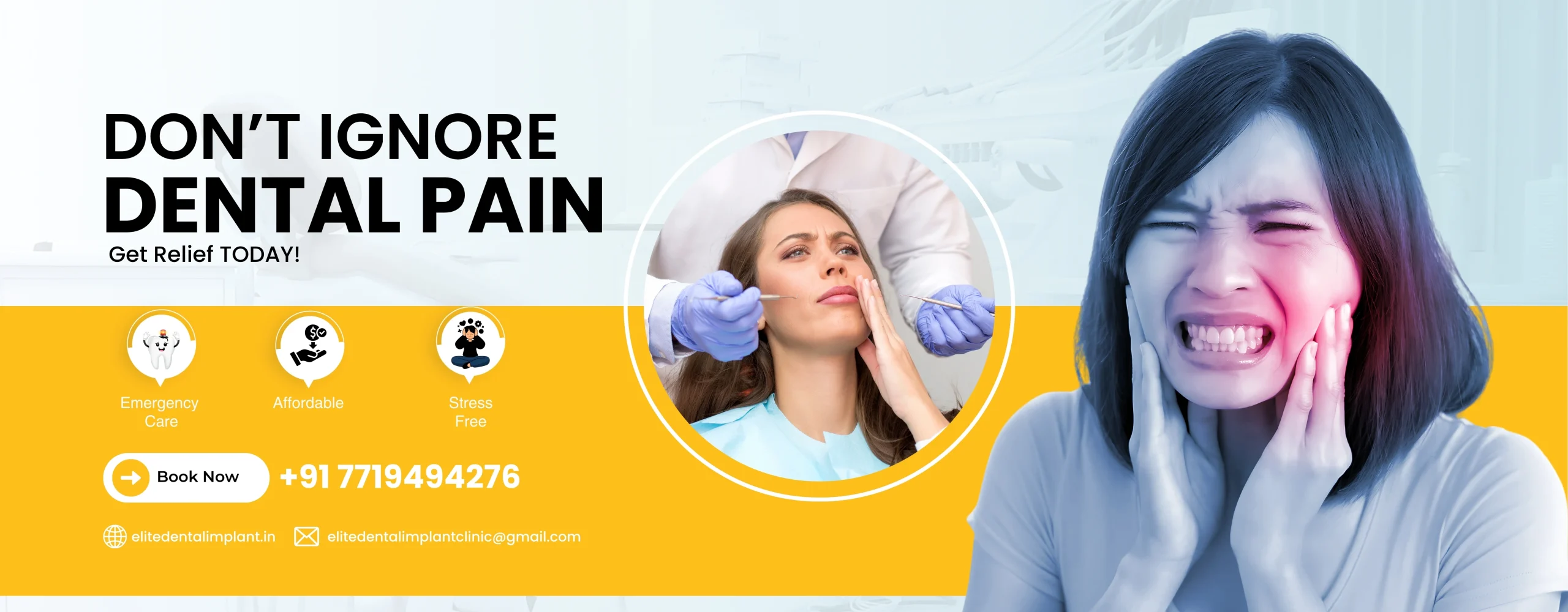 Dental pain awareness banner featuring patients in discomfort — Elite Dental & Implant Clinic, Chandigarh