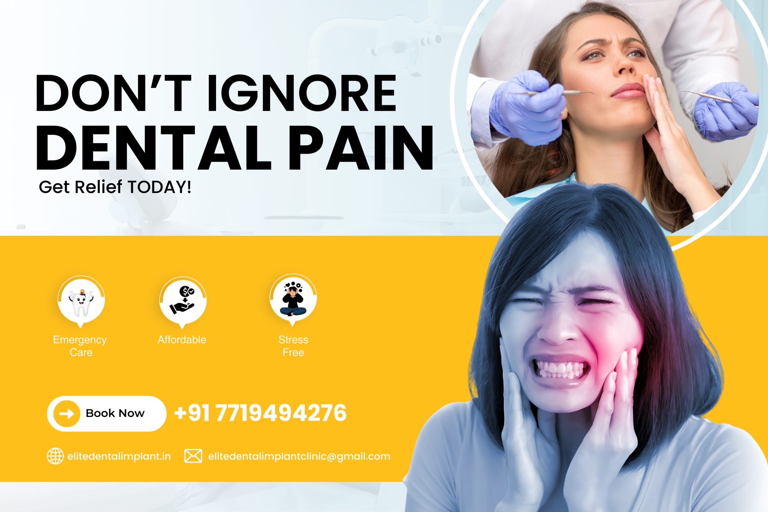 Dental pain awareness banner with emergency contact information